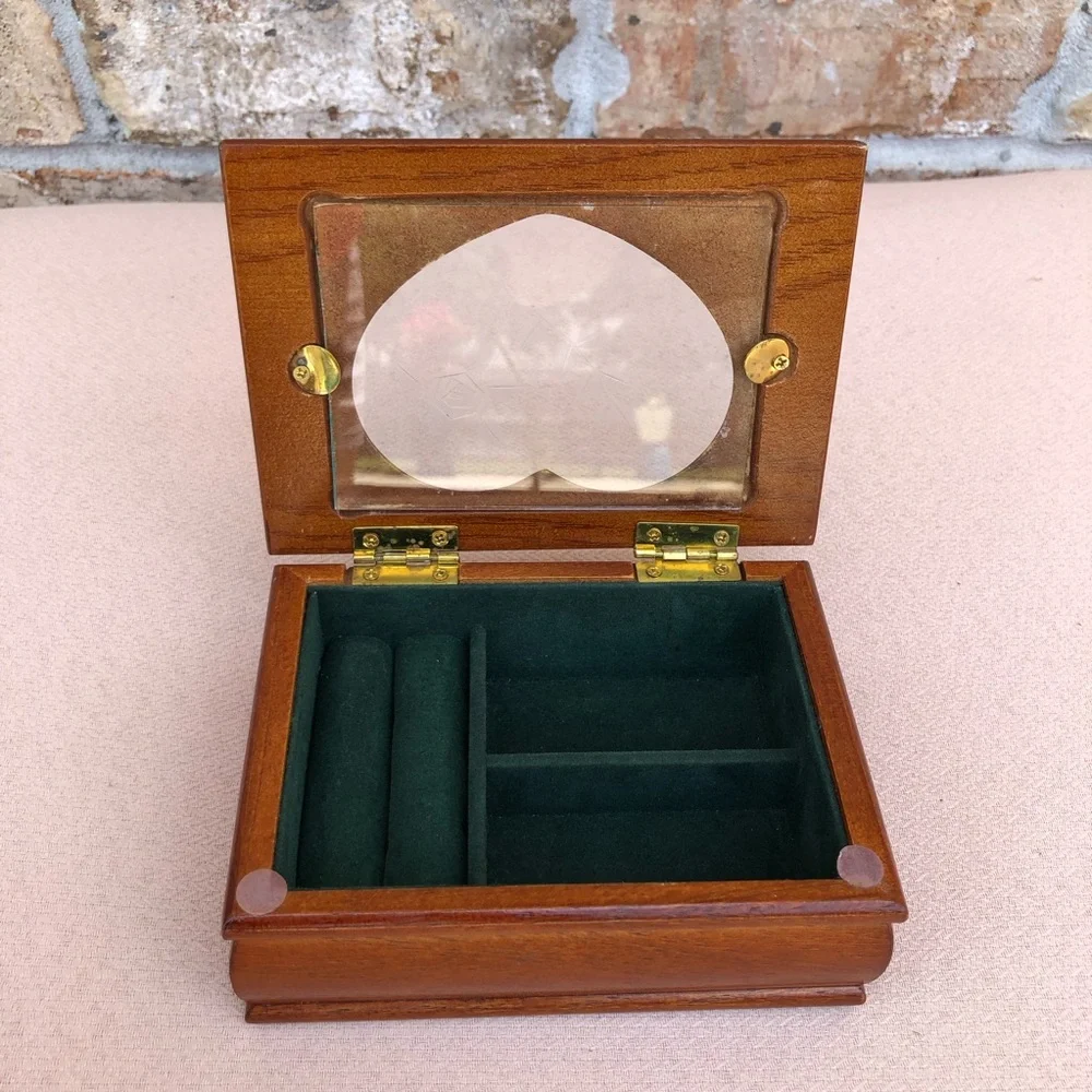 Vintage Solid Wood Small Jewelry Box, Heart Shape Etched Glass Window, Padded